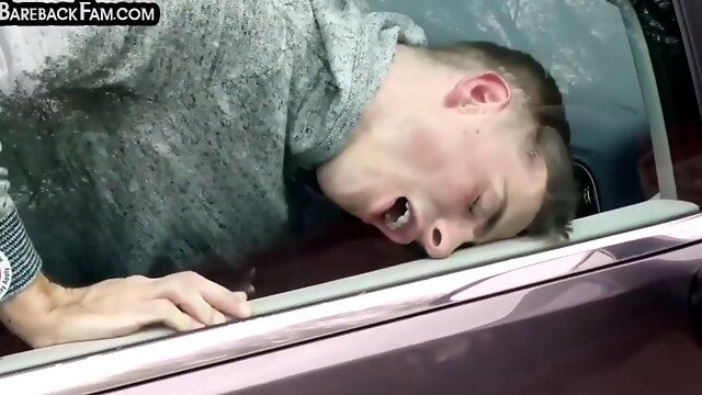 Rimjob gay stepdad licks stepson small ass in the car