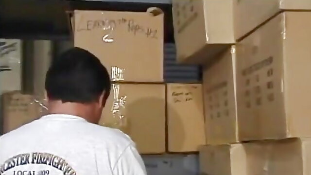 Hairy MILF gets her pussy licked and fucked on boxes in warehouse