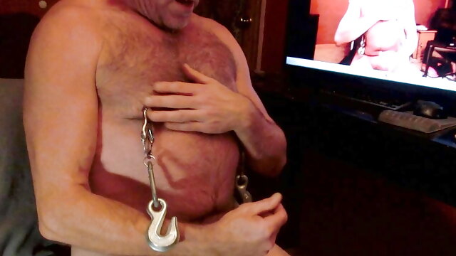 Nipple Play Pig Gay daddy, clamping nips, flexing muscles