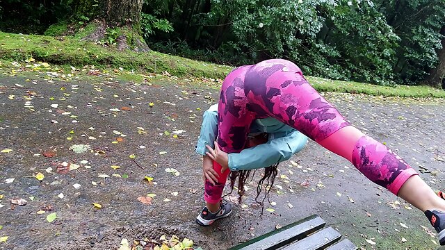 Busty Student Girl ExpressiaGirl Fingers and Cums Outdoor Workout in Public Park under the Rain!