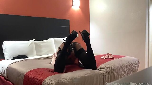 SlimSissyJessica Comes Back to cheap hotel and waits for fellows