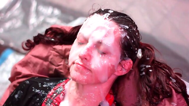 Cute lady really liked getting a lot of fake cumshot on her face.