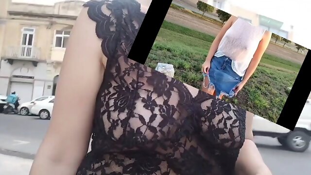 She flashes her tits in public.  see-through blouse