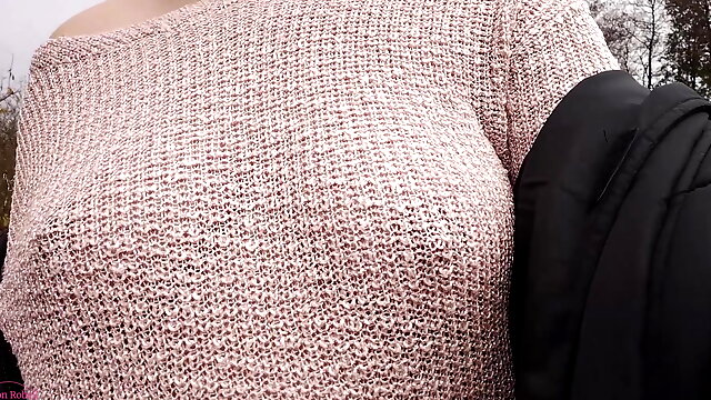  Boobwalk: Walking braless in a pink see through knitted sweater