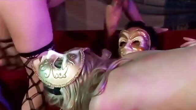 Sexy Allie Sin and Chick DP Fucked in Masks by Four Guys and Get Creamed