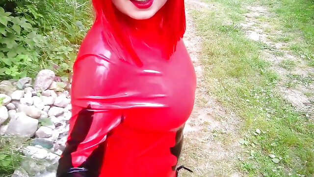 Pretty Selfie with 2 Latex Catsuits, Red and Black