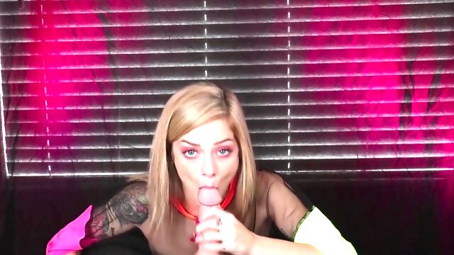 Teasing POV lady shows sucking skills on big white dick