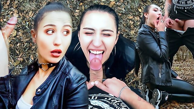 Outdoor Blowjob and Facefuck with a Massive Facial for Ponytail Brunette in Leather Suite