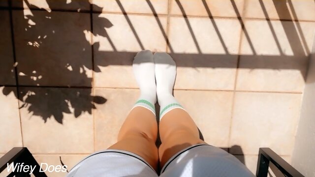 Wifeys feet in long white tube socks