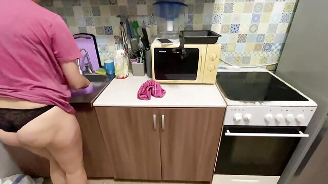 With talking, fucked a friend's wife in the kitchen while she was making him dinner.