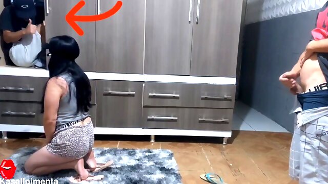 Cheating blindfolded wife with my friend in the wardrobe
