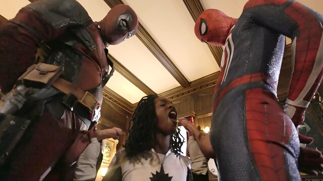 Hot Curly Ebony Super-slut Pleases Spidermans and Deadpools Dicks In a Wild Threesome