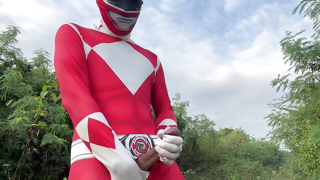 Power Ranger wanking outdoor.