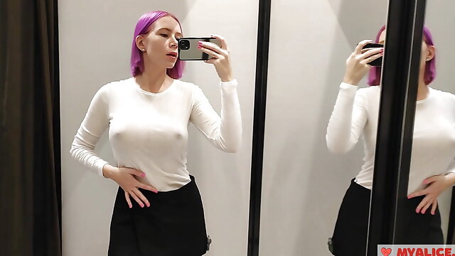 Try on haul transparent clothes in the fitting room. Busty blonde tries on a transparent blouse in only panties
