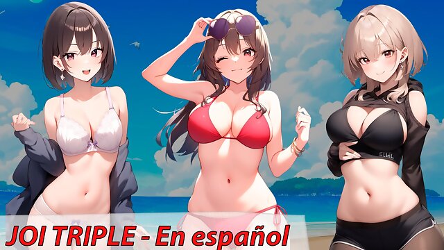 Spanish hentai JOI. 3 friends want masturbate you on the beach.
