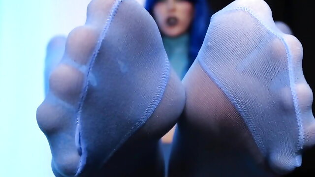 Pantyhose Feet Worship, Blue Pantyhose, Feet Sniffing