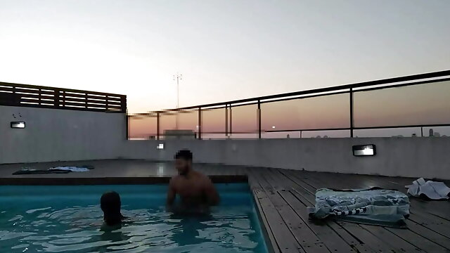 Cumming a lot in the pool at sunset - accounter adventures