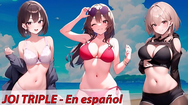 Spanish hentai JOI. 3 friends want to masturbate you on the beach
