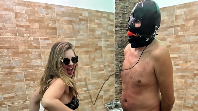 NEW Year CBT in the bathroom - Hard Cock and ball whipping - Balls whipped by blonde Goddess at Dracula Femdom Castle