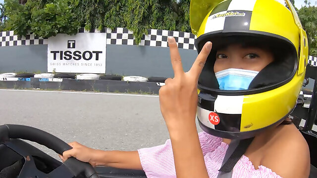 Cute Thai amateur teen girlfriend go karting and recorded on video after