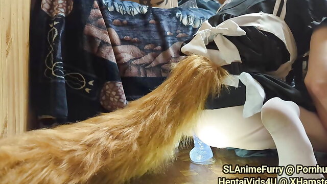 Crossdressing Dog Maid Riding Dildo with Big Fluffy Tail Cosplay