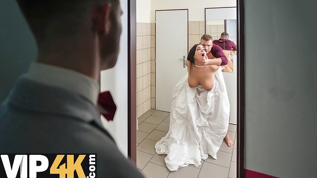 VIP4K. Being locked in the bathroom, sexy bride doesnt lose time and seduces random guy