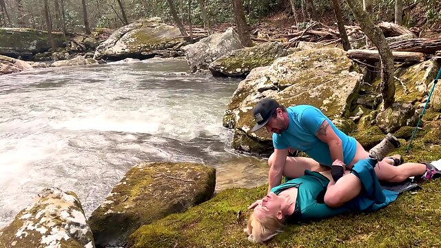 Ventures Outside For A Public Waterfall Hike And Finds A Bed Of Moss To Fuck On