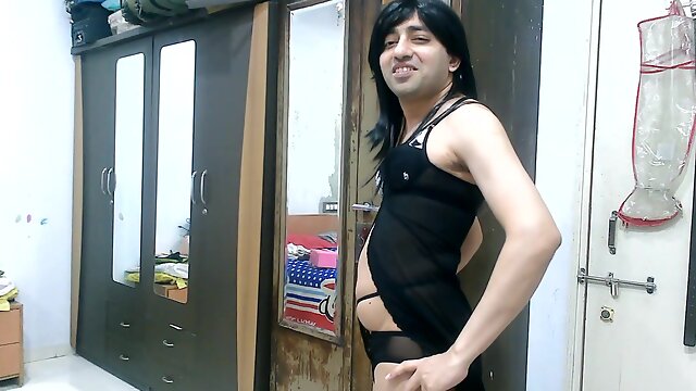 Sissy Crossdresser Femboy In Black Lingerie With Sexy Sheer Designer Pantie Inside It