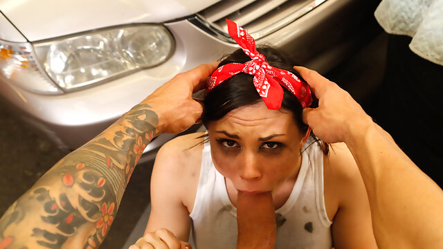 Slender babe gagged and fucked at the garage