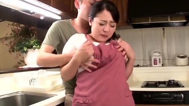Chubby Japanese MILF fucked in the kitchen - Asian tits in