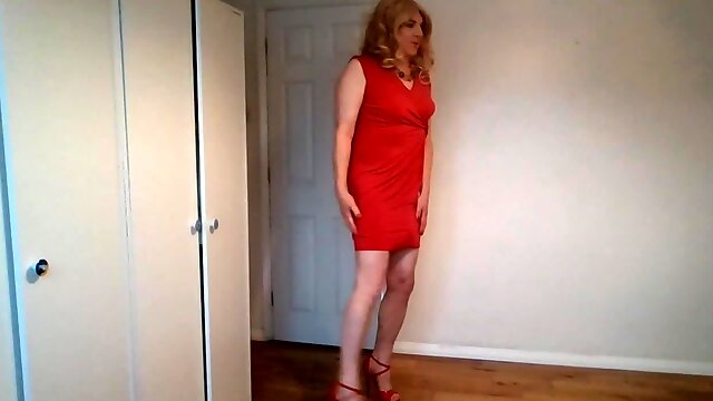 Blonde in red dress and heels with no panties on