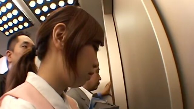 A group of men surround the Japanese idol in the elevator and end up in a bukkake.