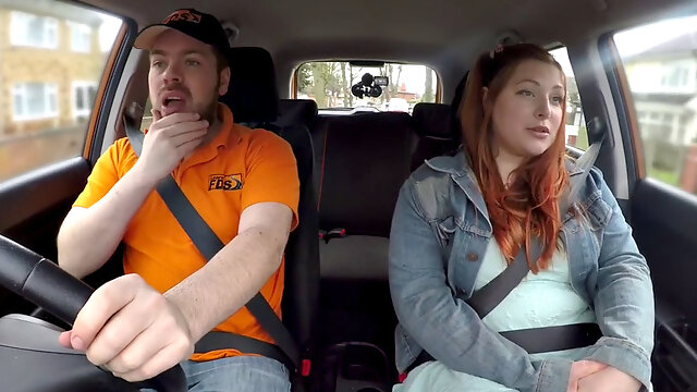 Redhead tattooed babe gets publicly fucked by instructor in car