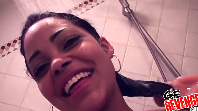 Enjoy a steamy POV shower with a bald brunette getting her pussy pounded and her tits jizzed in ecstasy