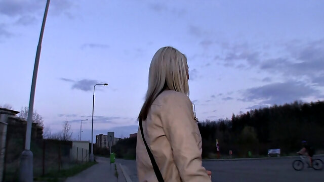 Agent convinces blonde to fuck in the outdoors with his hot blowjob and handjob skills