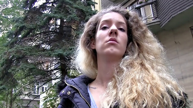Curly-haired babe gets drilled in public for cash