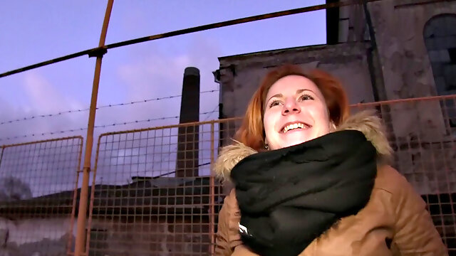 Watch this trimmed, eager redhead flash her tits for cash and get fucked outdoors