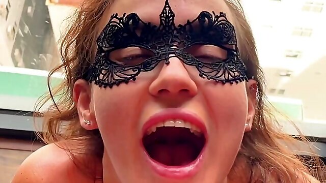 A Teen Girl in mask Sucks dick, Cums on face sperm, SeaView Room, POV Blowjob Cumshot