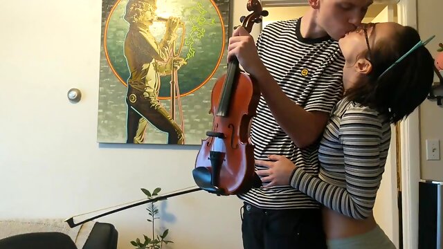 Slim Nerdy Cutie Pleases Her BF With BJ And Fuck While Hes Playing the Violin