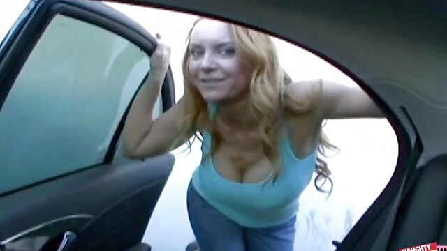Being plowed in a car in public fills the busty milf with happiness and lust