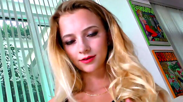 Blonde teen with small tits gives POV handjob and talks dirty while oiled up