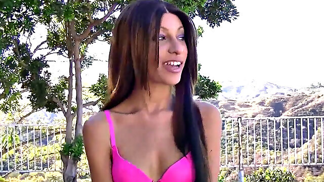 Watch as ebony teen Trisha gets a sloppy outdoor BJ while her white dude watches