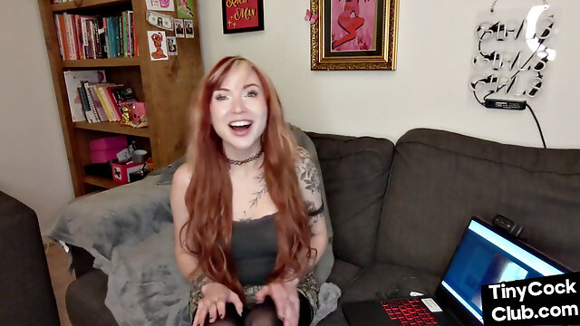 Redhead seduces tattooed dude with small dicks in the house