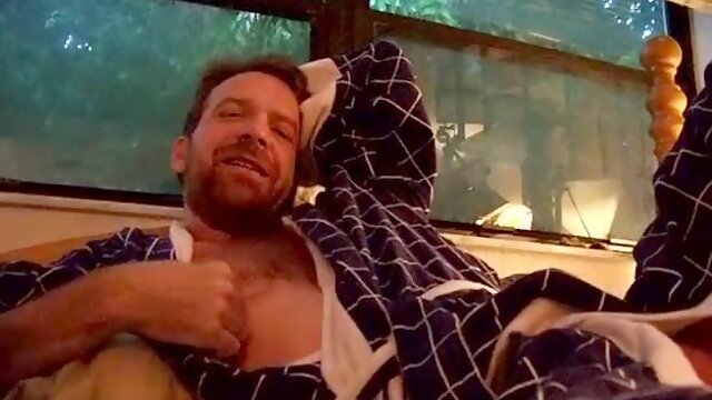 Hairyartist joy in a blue checked bathrobe