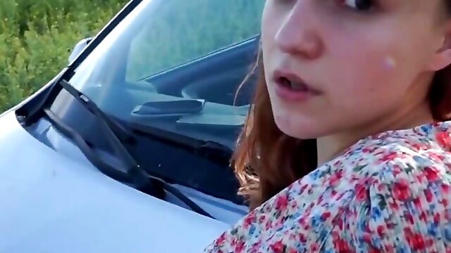 Russian Girlfriend, Russian Outdoor, Redhead Teen, Car