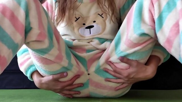 Schoolgirl with small tits in pajamas masturbate pussy and squirting orgasm