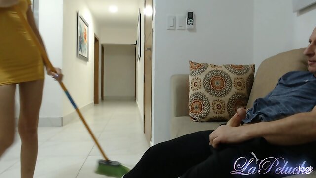 18 years old CFNM, Old man self hand job watching young and sexy cleaning lady