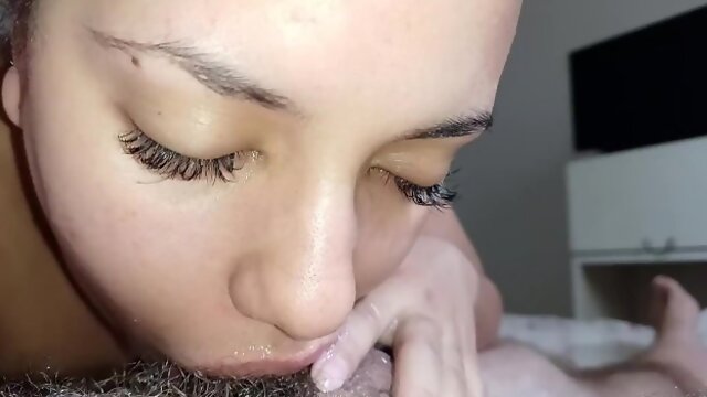 Handjob and wet blowjob up to the dick stalk