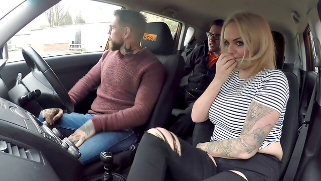 Tattooed MILF with huge tits gets her pussy drilled in reverse cowgirl in car