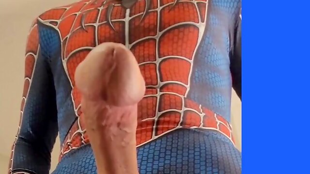 Spidermans MONSTROUS PECKER on the video set of Spideys Webs part two... Spiderman Supah Hero